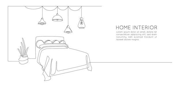 Continuous one line drawing of double bed and table and loft chandelier lamps Modern scandinavian interior for cozy bedroom in simple linear style Editable stroke Doodle vector illustration