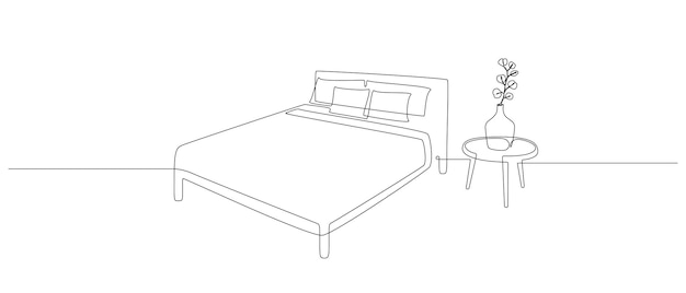 Vector continuous one line drawing of double bed and table with vase with monstera leaf scandinavian stylish furniture for sleep bedroom in simple linear style editable stroke doodle vector illustration