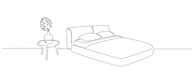 Disegno continuo a una linea di letto matrimoniale e tavolo con vaso con foglia di monstera mobili scandinavi alla moda per camera da letto in semplice stile lineare tratto modificabile doodle illustrazione vettoriale