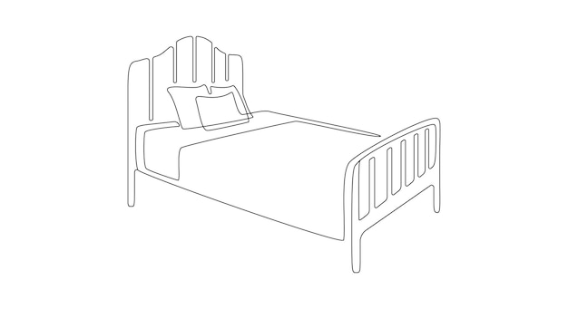 더블 침대 얇은 아이콘의 연속 한 선 그리기 간단한 선형 스타일의 침실을 위한 현대적이고 편안하고 부드러운 가구 편집 가능한 스트로크 낙서 벡터 일러스트 레이 션