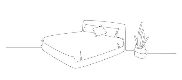 Continuous one line drawing of double bed with pillows and potted cactus on the floor Modern furniture for stylish bedroom in simple linear style Editable stroke Doodle vector illustration