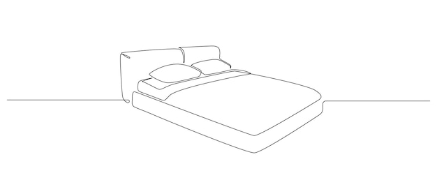 Continuous one line drawing of double bed with pillows Scandinavian stylish furniture for sleep bedroom in simple Linear style Editable stroke Doodle vector illustration