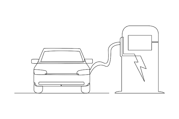 ベクトル 連続 1 線画 充電ステーションでの電気自動車 電気自動車のコンセプト 単線描画デザイン ベクトル グラフィック イラスト