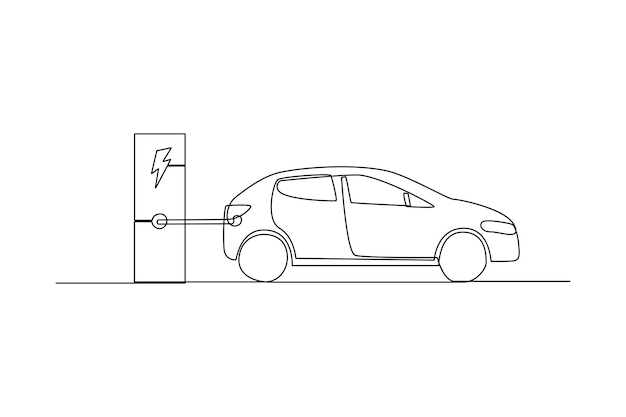 Continuous one line drawing Electric car at charging station Electric car concept Single line draw design vector graphic illustration