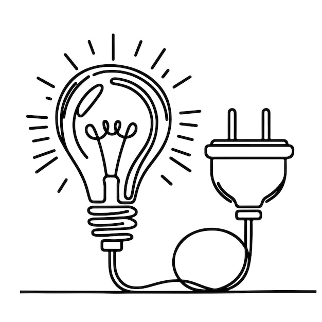 Continuous one line drawing Electric plug and Electricity light sign icon outline doodle vector