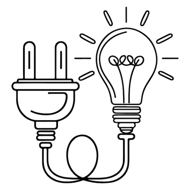 Continuous one line drawing Electric plug and Electricity light sign icon outline doodle vector