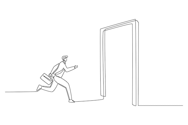 Continuous one line drawing employee resign and running through exit door Human resources concept Single line draw design vector graphic illustration