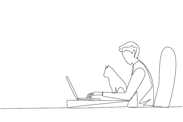 Vector continuous one line drawing of energetic man sitting while typing on laptop computer hugging a cat