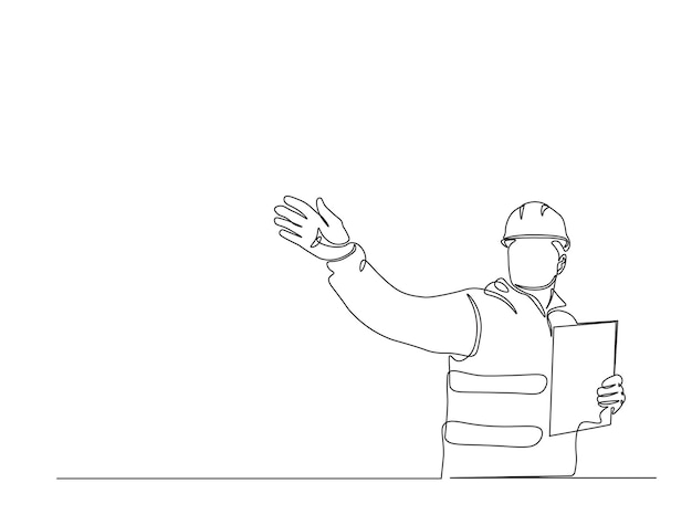 ブループリント紙を握っているエンジニアの連続した1行の絵