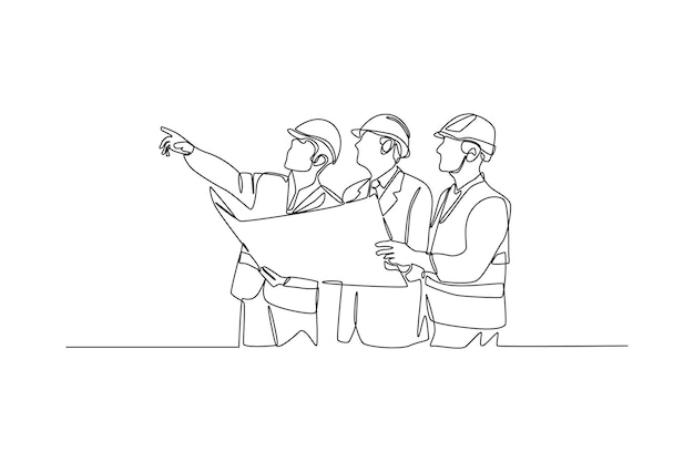 Continuous one line drawing engineering team checking construction plan in work area road and building construction concept single line draw design vector graphic illustration