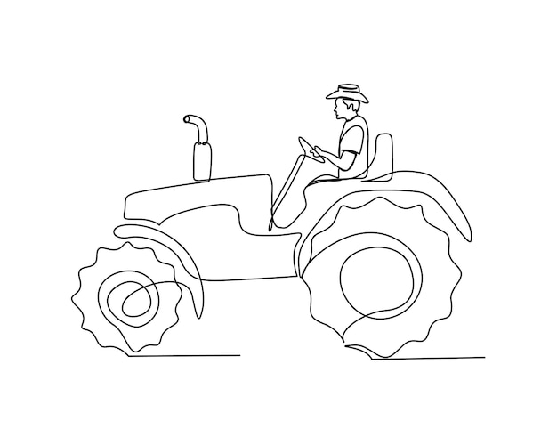 continuous one line drawing of farmer with the tractor