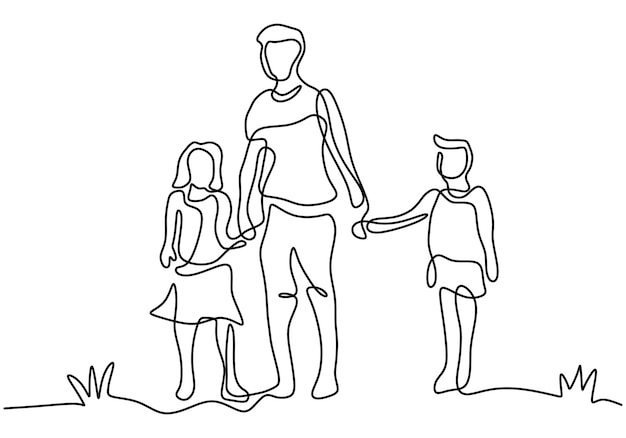 Disegno continuo di una linea del padre e dei suoi due figli di figlio e figlia giovane papà cammina insieme ai suoi figli tema festa del papà felice isolato su sfondo bianco illustrazione vettoriale