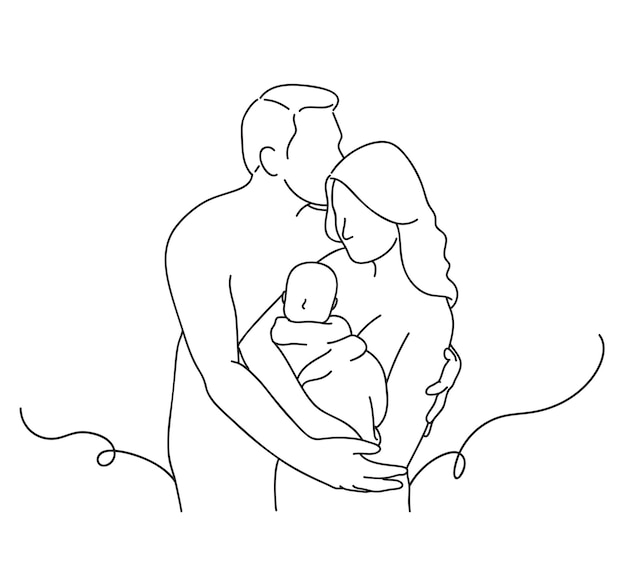 Continuous one line drawing of a father holding a newborn baby on a white background