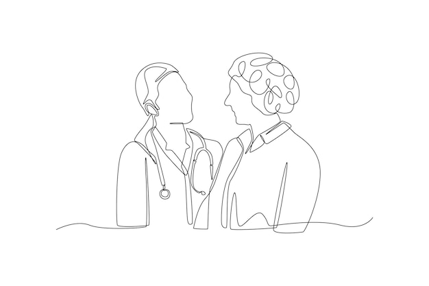 Continuous one line drawing female doctor talking with her patient Hospital concept Single line draw design vector graphic illustration