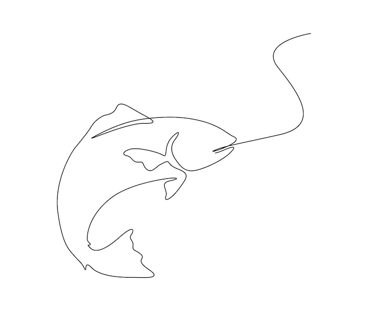 Vector 물고기의 연속 한 선 그리기 간단한 바다 물고기는 낚시 해산물 및 레스토랑 개념에 대한 벡터 그림을 설명합니다.