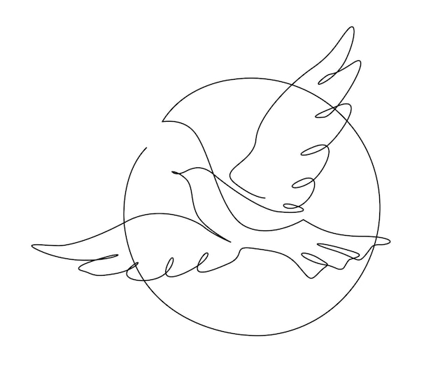 Disegno continuo di un'uccello in volo in linea circolare minimalista contorno di uccello colomba colomba