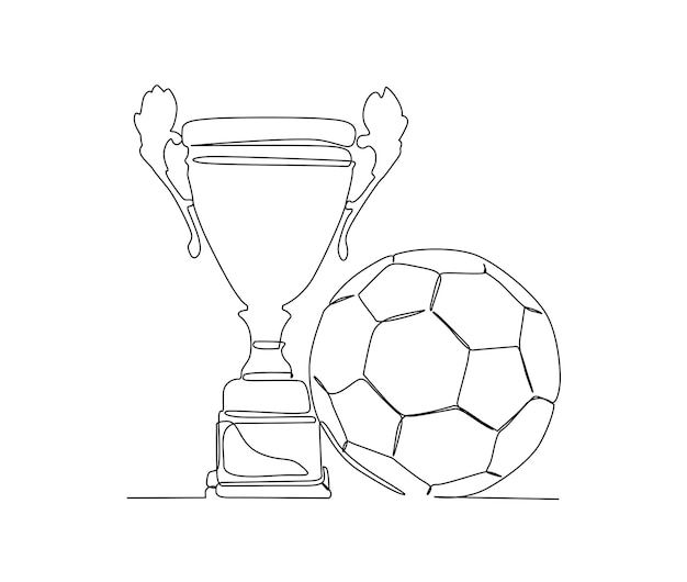 Disegno continuo di una linea di pallone da calcio e trofeo trofeo di calcio semplice linea arte disegno vettoriale