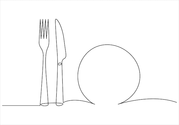 Continuous one line drawing of fork knife spoon and plate out line vector art illustration