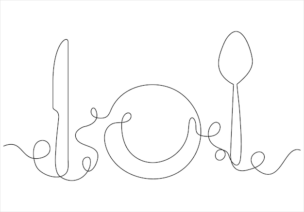 Vector continuous one line drawing of fork knife spoon and plate out line vector art illustration