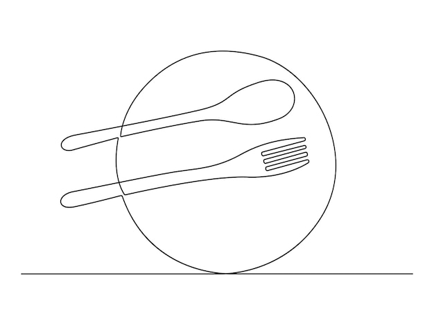 Continuous one line drawing of fork spoon and plate isolated on white background vector illustration