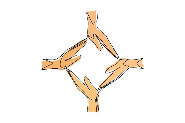 Vector continuous one line drawing four palm hands make square frame shape symbol of care unity sharing