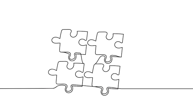 Continuous one line drawing of four pieces jigsaw puzzle