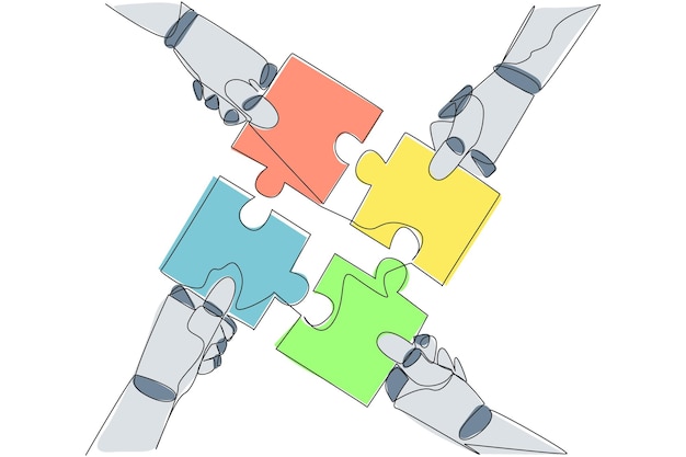 continuous one line drawing of four robot hands holding a puzzle piece each other design vector