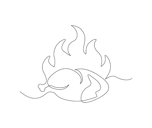 Continuous one line drawing of fresh chicken carcass chicken meat with flame simple line art vector design