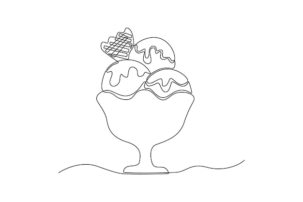 컵 디저트 개념에 토핑을 얹은 신선한 아이스크림을 연속적으로 그리기 한 줄 그리기 디자인 벡터 그래픽 그림