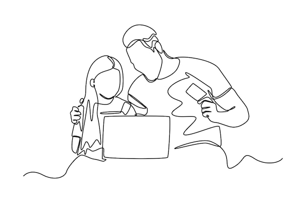 Continuous one line drawing girl assisted by her father to make online payment through laptop Cashless concept Single line draw design vector graphic illustration