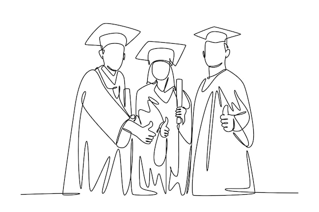 Continuous one line drawing group of young happy graduate male and female college student wearing gown giving thumbs up gesture Education concept Single line draw design vector graphic illustration
