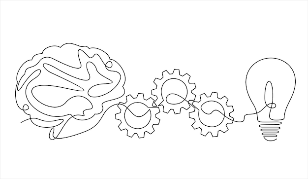 Disegno continuo di una linea di mezzo cervello e ingranaggio a ruota dentata