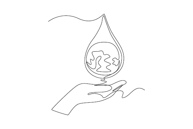 Continuous one line drawing hand catches a drop of earth water World water day concept Single line draw design vector graphic illustration