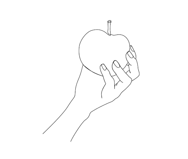Непрерывный однолинейный рисунок руки, держащей яблоко