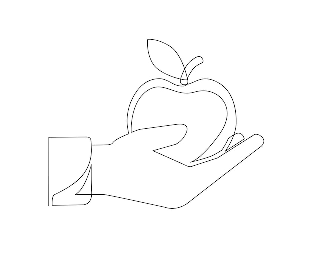 Continuous one line drawing of hand holding apple fruit Simple apple fruit on hand line art vector design