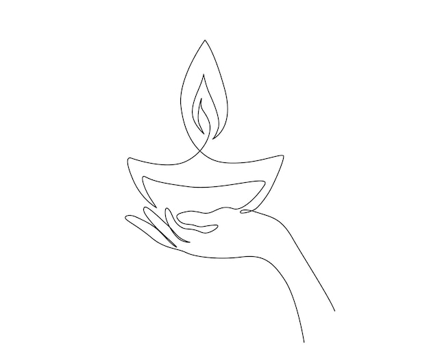 Continuous one line drawing of hand holding diya lamp light for Diwali celebration Deepavali oil lamp line art vector design