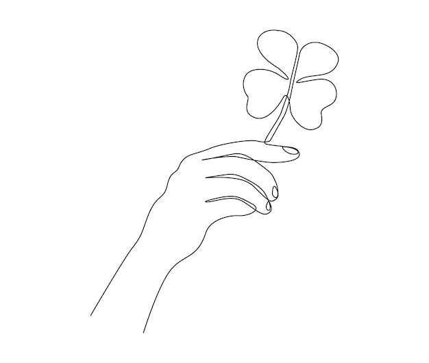 Continuous one line drawing of hand holding four leaf hand holds leaf line art vector illustration