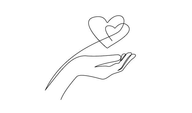 Vector continuous one line drawing hand holding heart charity donation linear symbol