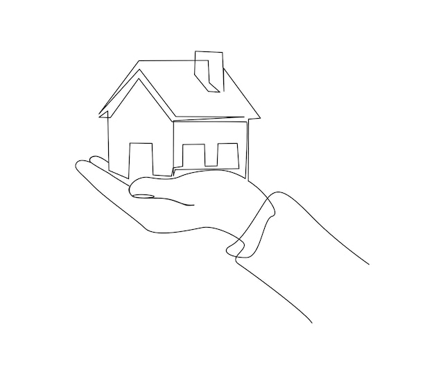 Disegno continuo a una linea dell'illustrazione della casa che tiene la mano disegno vettoriale semplice della casa