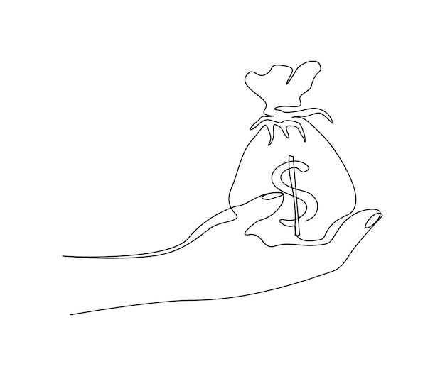 Continuous one line drawing of hand holding money bag Money storage and investment single Line art Saving Investment and finance bank concept