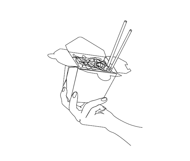 Continuous one line drawing of Hand Holding noodle in the paper bowl Ramen on paper box line art drawing vector illustration