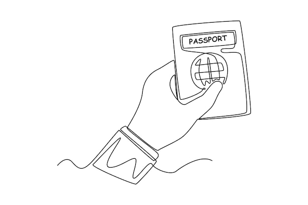 Continuous one line drawing hand holding passport airport activities concept Single line draw design vector graphic illustration