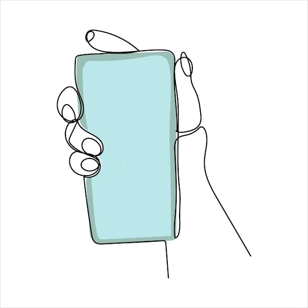 Vettore disegno continuo a una linea di una mano che tiene un telefono o uno smartphone gadget di tecnologia per telefoni cellulari