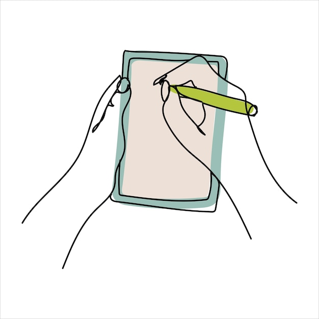 Disegno continuo a una linea di una mano che tiene un telefono o uno smartphone gadget di tecnologia per telefoni cellulari