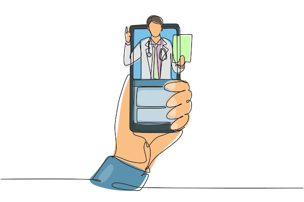 Disegno continuo di una linea con la mano che tiene lo smartphone e il medico che esce dallo schermo dello smartphone