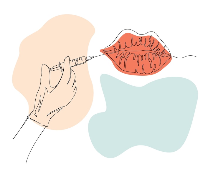 Vector continuous one line drawing of hand holding syringe lips injection