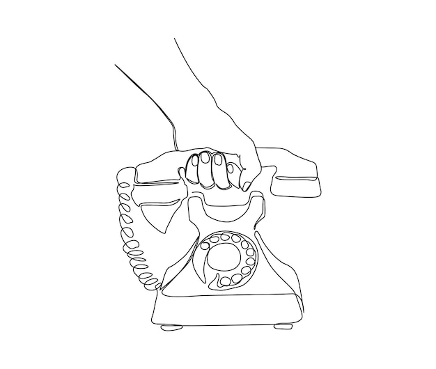 電話を持っている手の連続 1 線画ヴィンテージ電話単一行アート ベクトル デザイン通信の概念