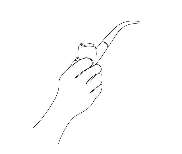 Непрерывный однолинейный рисунок руки, держащей табачную трубку. Простой дизайн контура курительной трубки. Редактируемый активный вектор штриха.