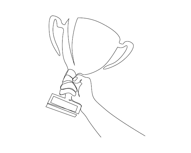 Vector continuous one line drawing of hand holding trophy cup competition