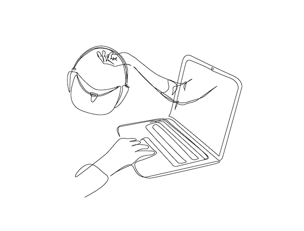 女性のバッグを握っているラップトップの画面から手を出した連続した1行の絵